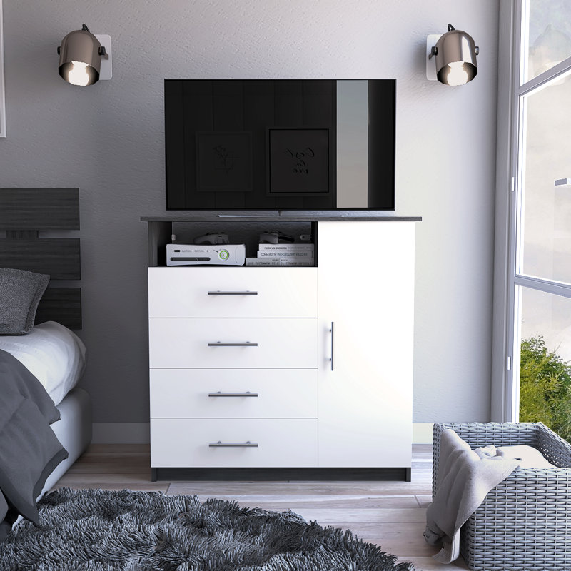 Commode 4 tiroirs avec placard vertical Khenadi, Chêne / blanc