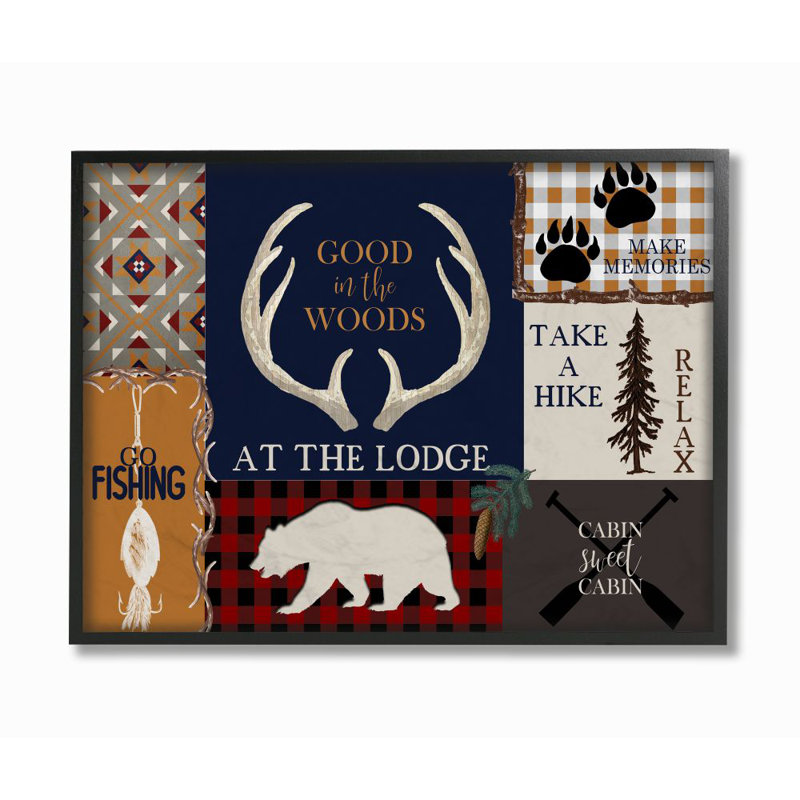 «Good in the woods rustic forest animal camping collage» par Kim Allen - impression d'art graphique, H 16 po x l 20 po