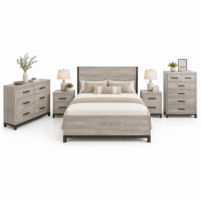 Queen Bedroom Set, Gray Wood, 5 Piece Set with 2 Nightstands, Dresser, and Chest