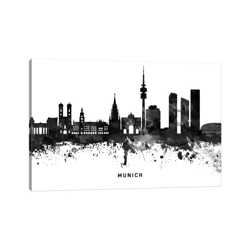 Munich Skyline Black & White - Wrapped Canvas Print, 20.32cm H x 30.48cm W x 1.91cm D