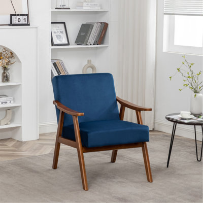 Chaise d'appoint avec revêtement en velours et structure en bois massif, mobilier de salon Mid-Century moderne classique pour sièges supplémentaires, bleu foncé