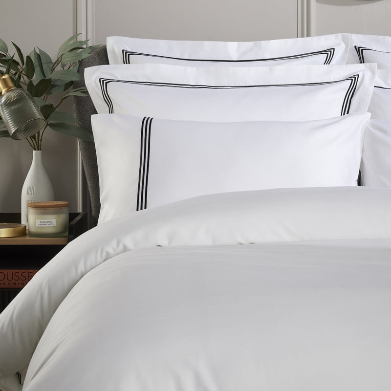 800 Thread Count Triple Row Embroidered Sateen Duvet Cover, Super King Duvet Cover, White/Black