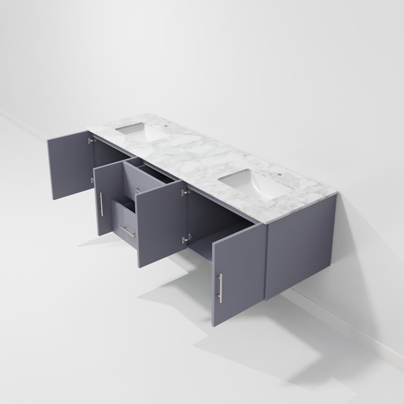 Geneva 72" Wall-Mounted Double Bathroom Vanity Set, White Carrara Marble, Dark Gray