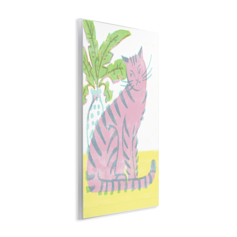 Plaque murale moderne rose avec chat et plante, design par Hannah Moren, H 15 po x l 10 po
