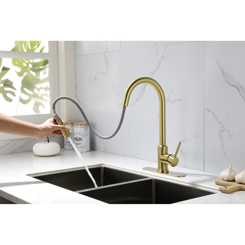 Robinet de cuisine avec bec rétractable à 360 °, poignée simple pour régler facilement la température et le débit de l'eau, finition rouille corrosive, acier inoxydable doré, 16,11 po Profondeur, largeur de 10,16