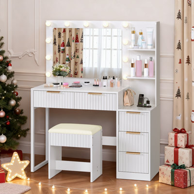 Lighted Vanity Set - 11pcs 3-Colour Dimmable Bulbs, 5 Drawer