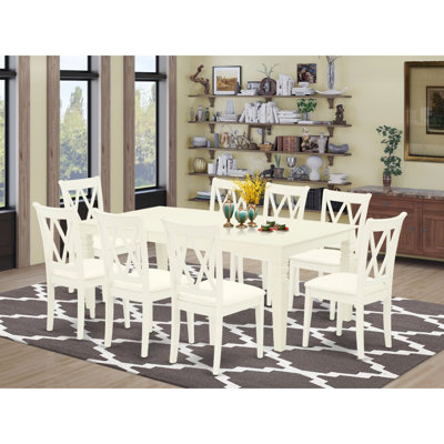 9 Piece Modern Dining Table Set Includes a Rectangle Wooden Table with Butterfly Leaf and 8 Linen Fabric Dining Room Chairs, Linen White