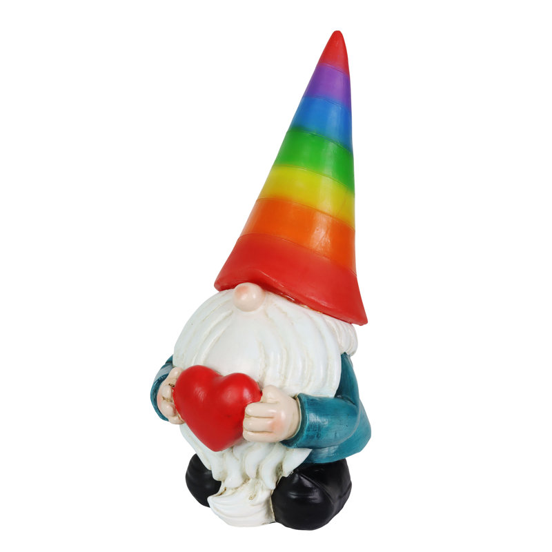 Solar Rainbow Hat Garden Gnome with Heart, 6 x 12.5 Inches
