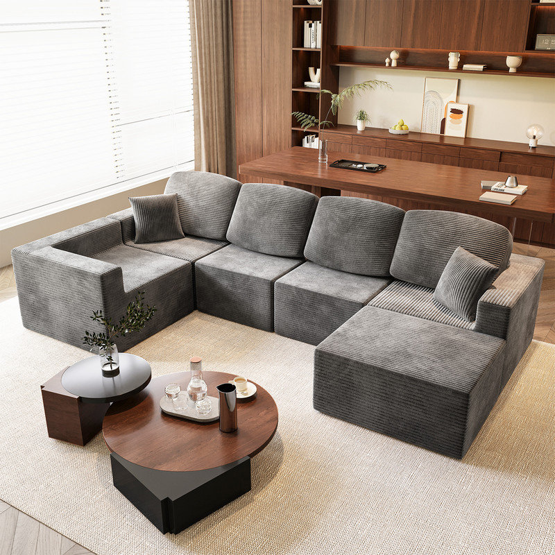 126'' Boneless L-Shaped Modular Sectional Couch, Cloud U-Shaped Sectional Sofa with Wide Armrest, Gray Corduroy
