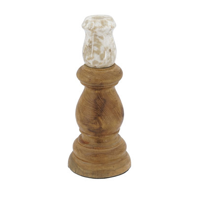 Handcrafted Solid Teak Wood Marble Top Taper Candlestick Rustic Decorative Candle Holder for Living Room Fireplace 3.9 x 3.9 x 9.8 Inch