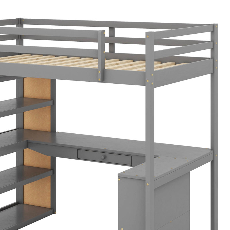 Lit mezzanine double avec tablettes et bureau