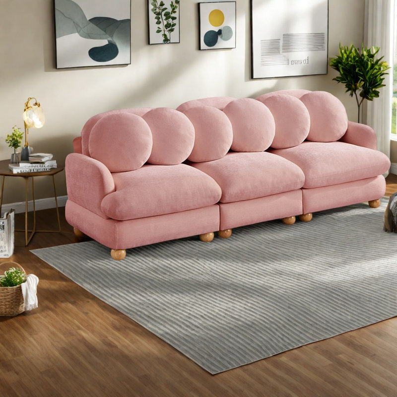 Canapé d'angle rose moderne, canapé trois places en chenille avec 6 coussins, structure en bois massif, Pink