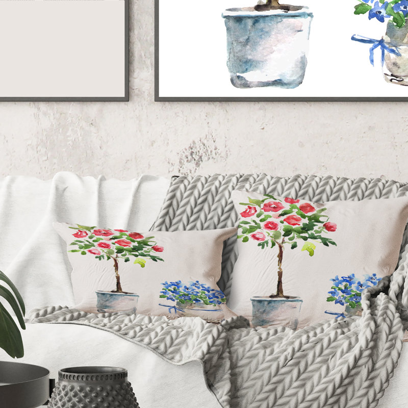 Rectangle, plantes d'intérieur bleues et rouges - Coussin décoratif imprimé traditionnel