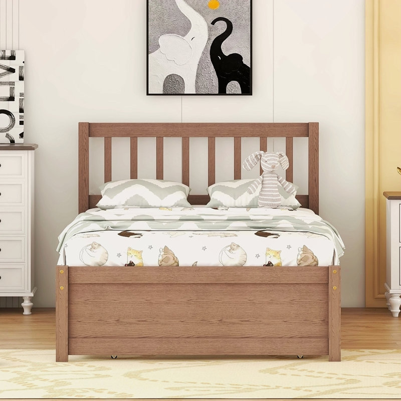 Structure de lit plateforme moderne en bois avec lit gigogne, Noyer