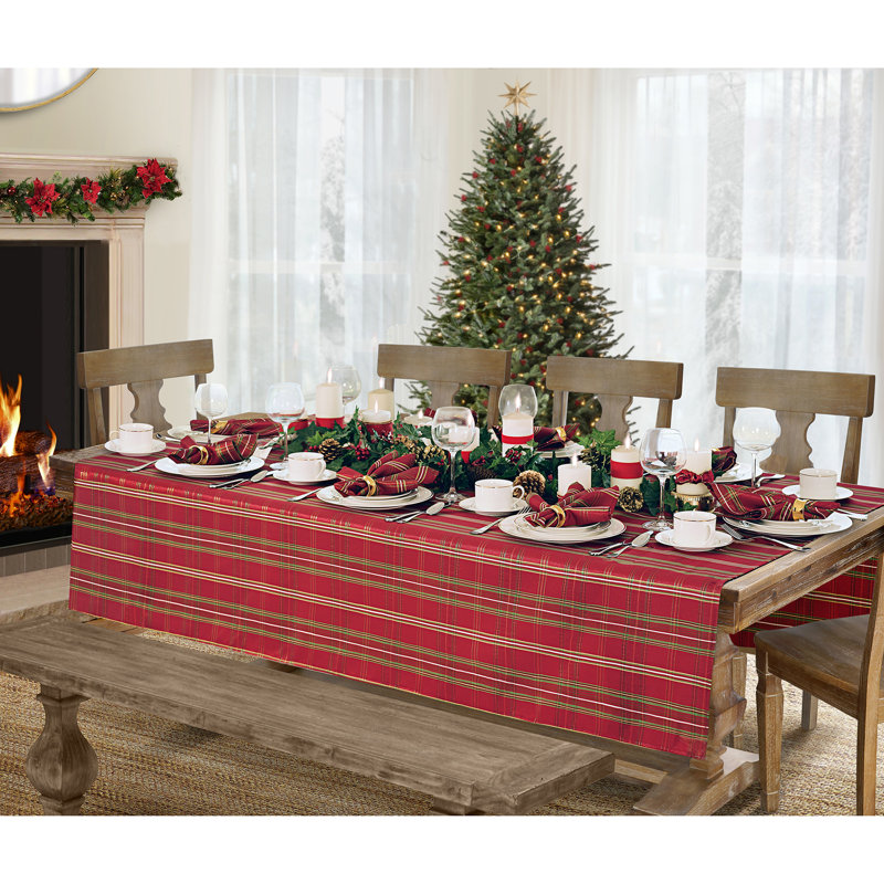Red and Green Shimmering Plaid Holiday Fabric Tablecloth, 60" x 84"
