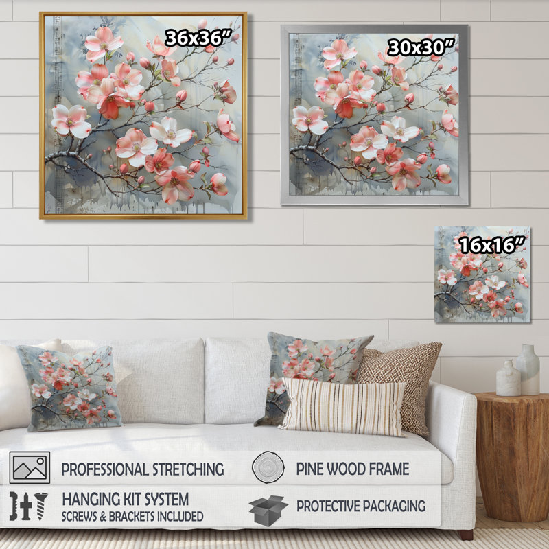 Rose et gris, hivers, Grace Dogwood I - reproduction d'art mural cornouiller, Toile encadrée flottée blanche