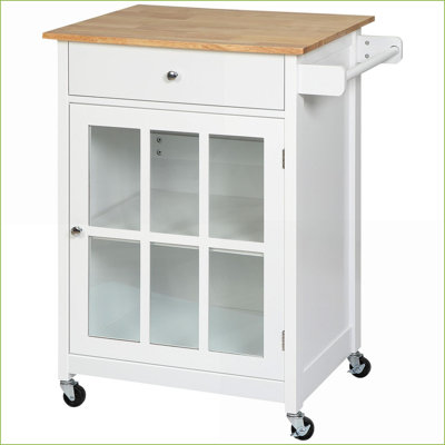 Chariot roulant avec tiroir Kitchen amp Armoire en verre | Plateau en bois d'hévéa | Blanc neige
