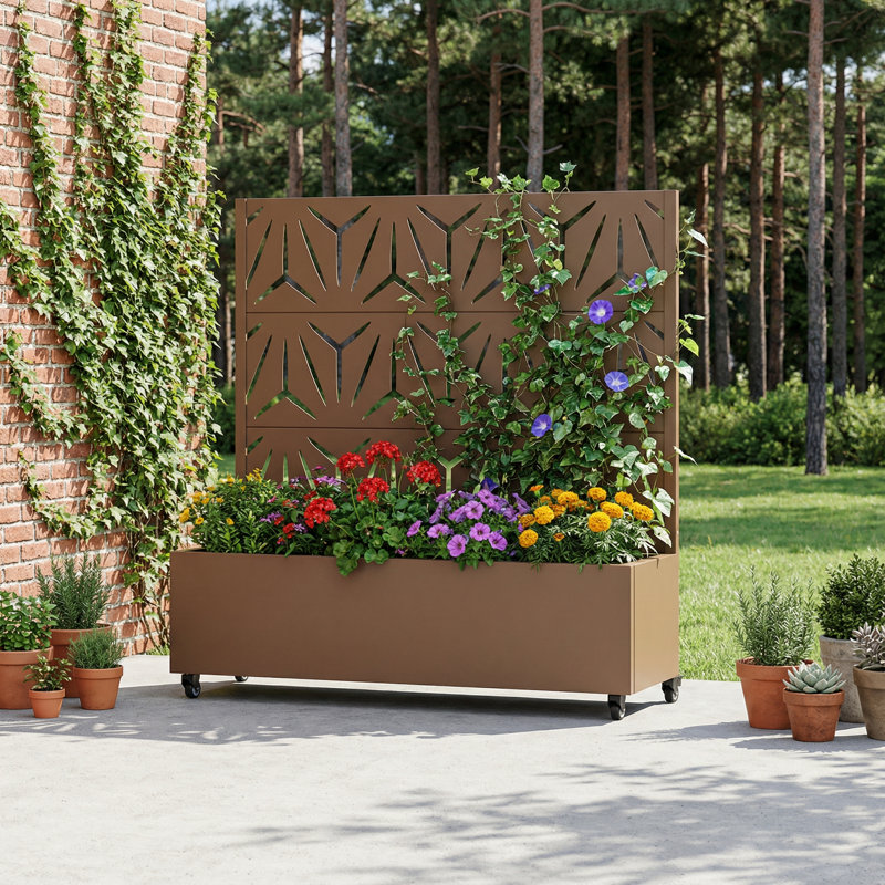 Boîte à fleurs en métal avec treillis et roues, H 47 po x l 47 po x P 16 po, Brun