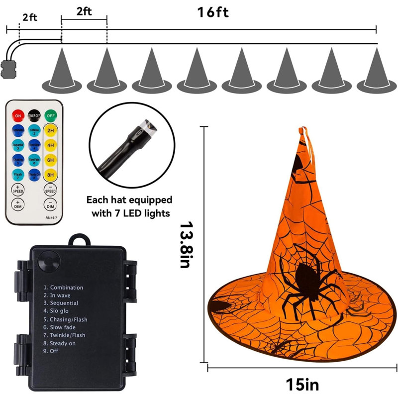 Chapeaux de sorcière suspendus illuminés de 8 pièces d'Halloween, télécommande avec 8 modes d'éclairage illuminant les guirlandes d'Halloween de 14 pi, pour la cour intérieure, la pelouse et les fêtes