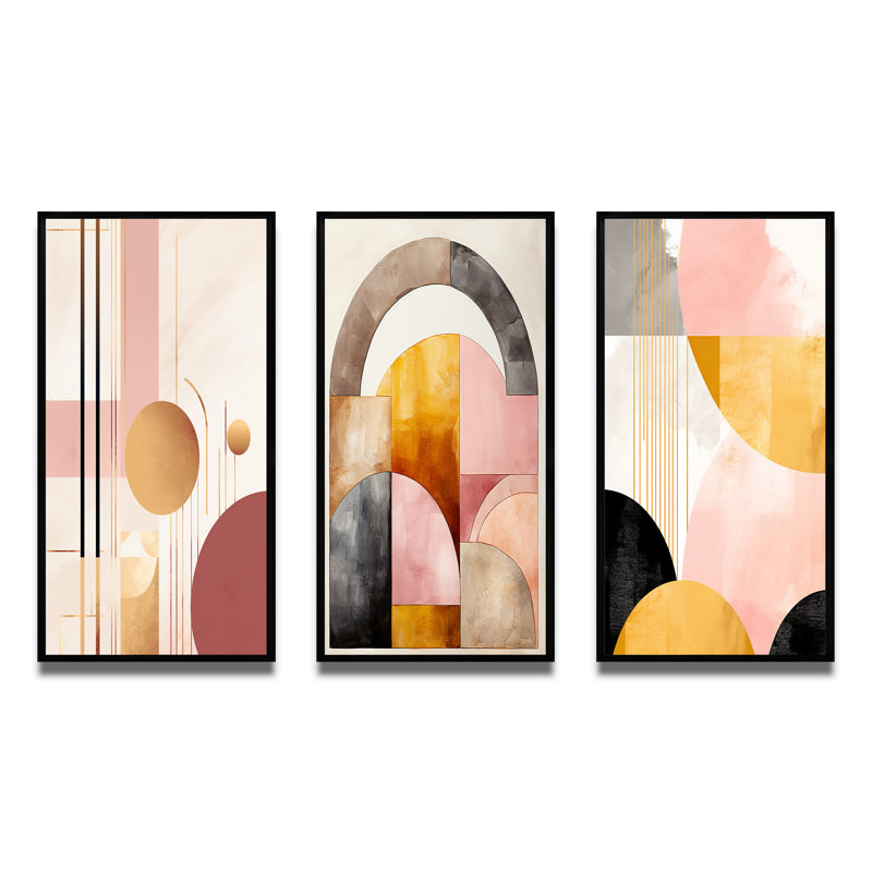 «Art Nouveau Elegance In Retro Pink Gold», 3 pièces sur toile, Cadre flottant noir, H 20 po x l 36 po