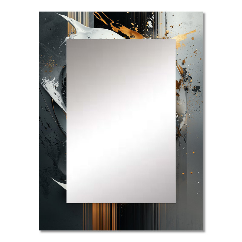 Noir et doré, formes abstraites et lignes IV - formes abstraites, miroir mural, miroir doré, impression sur métal