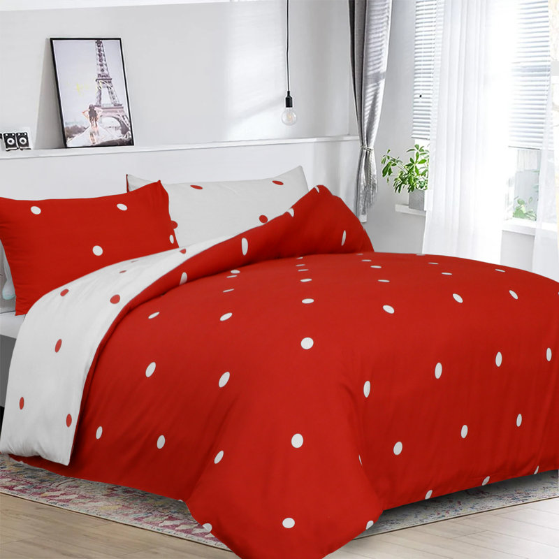100% Microfiber Polka Dots Duvet Cover Set  With Pillow Cases, Double Duvet Cover Set + 2 Standard Pillowcases, Red/White