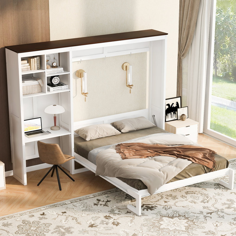 Grand lit escamotable avec bureau, appliques murales et armoire de rangement multicouche, lit mural peu encombrant, blanc