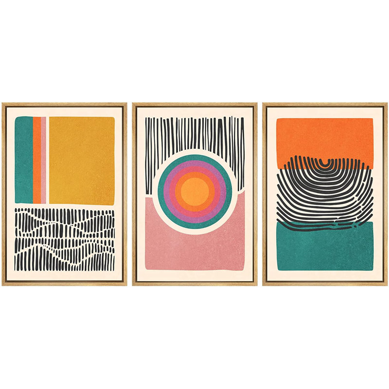 «Mid-Century Multicolor Color Block Shape Abstract Geometric», ensemble de 3 impressions sur toile flottante encadrées