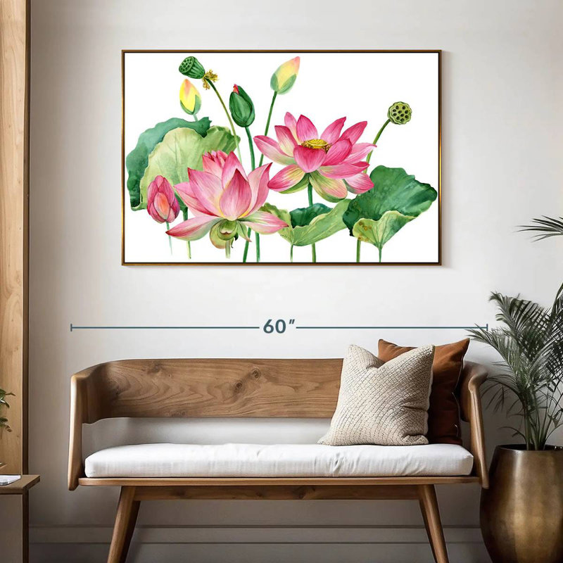 Grappe de lotus rose, 46 po x 31 po, Cadre flottant doré