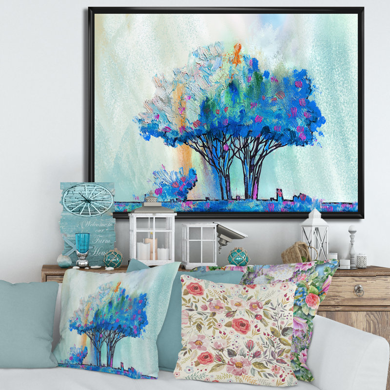 «Blue Colored Tree Impression I», peinture sur toile, Cadre flottant noir, H 12 po x l 20 po x p 1 po