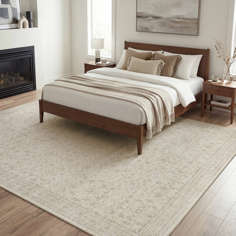 Beige Vintage-Inspired Washable Non-Slip Area Rug For Living Room, Bedroom, Rectangle 6' x 9', Beige