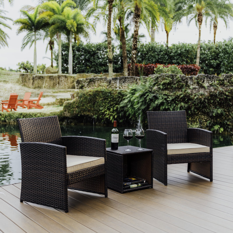 Jacinta 2 - Person Wicker Outdoor Seating Group with Table and Weather Resistant Cushions, Brown/Beige