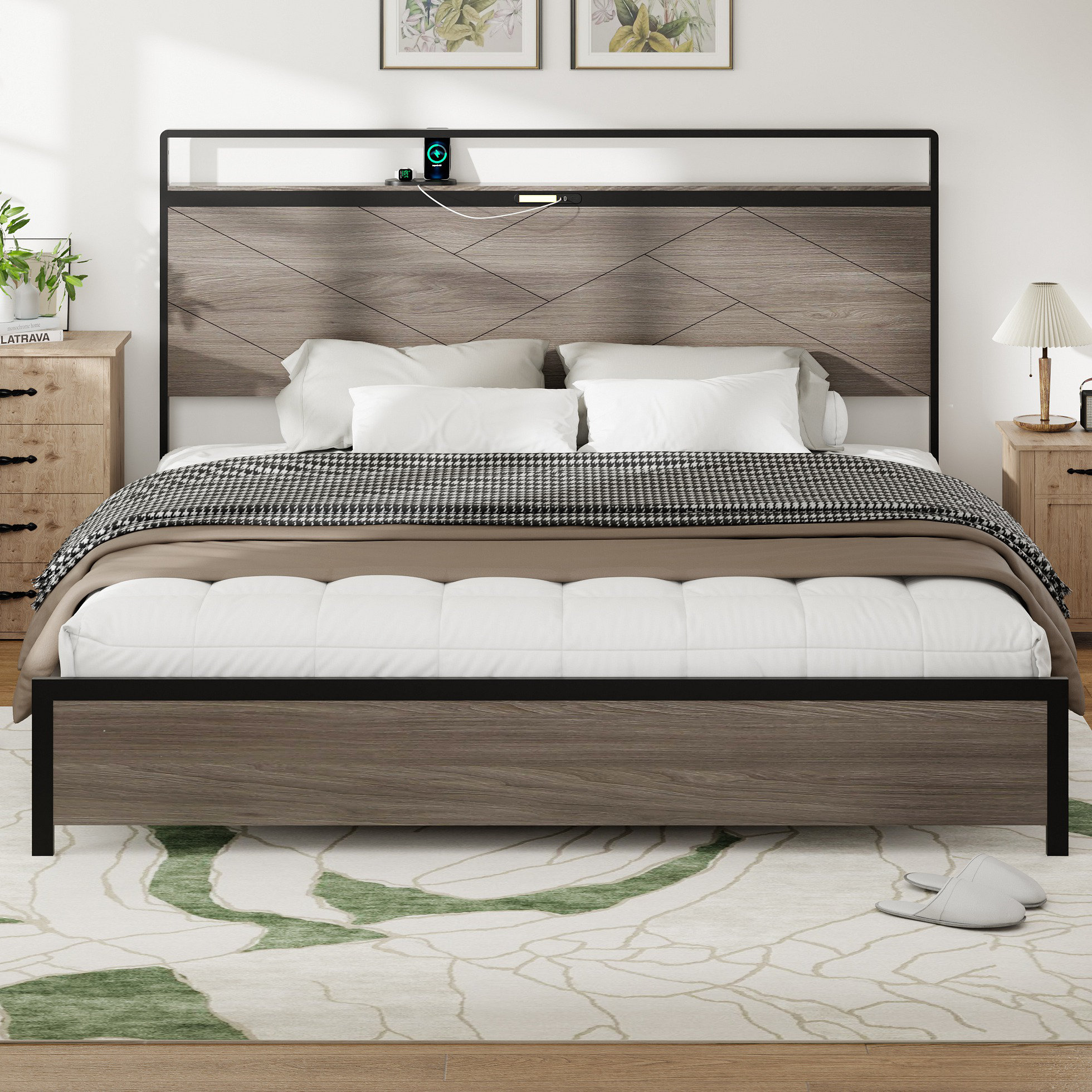 Ebern Designs Bed frame wooden platform bed frame with storage LED ...