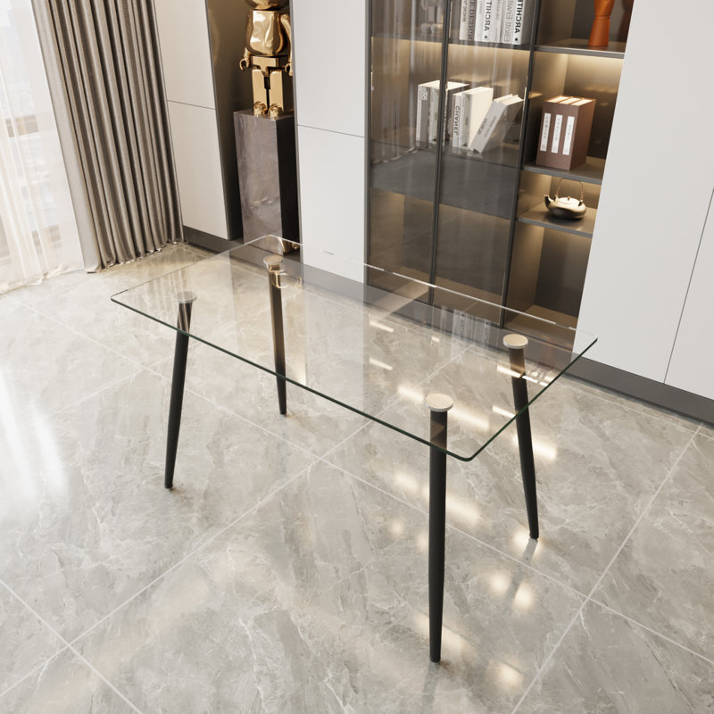 Table de salle à manger de 51 po en verre rectangulaire minimaliste moderne pour 4 à 6 personnes avec plateau en verre trempé de 0,31 po et pieds en métal noir, bureau de table d'écriture, pour la cuisine, le salon et la salle à manger (0 dégât)
