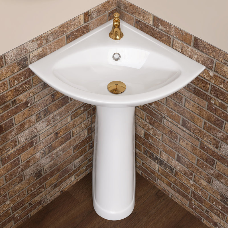 23" W X 19" D X 30.5" H Corner Vitreous China Pedestal Sink Combo Triangular White Bathroom Sink Ceramic Vessel Basin Base with Single Faucet Hole & 1 Overflow