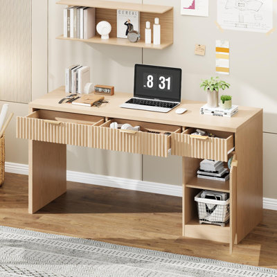 60" Executive Desk With Fluted Drawers, Wood Home Office Desk With Storage Cabinet