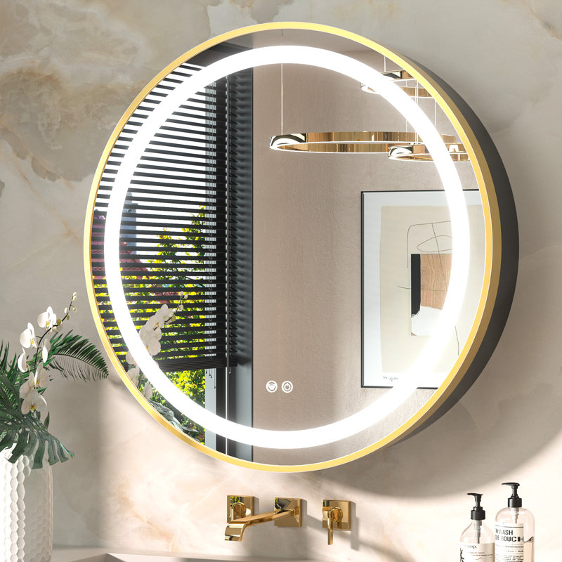 Gervon Lighted Surface Framed Round Medicine Cabinet Mirror Adjustable Shelf & AC Outlets, 30" H x 30" W x 4.7" D, Gold