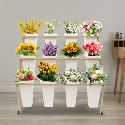 Présentoir à fleurs en métal 3 couches Dovetta avec 12 seaux et roue