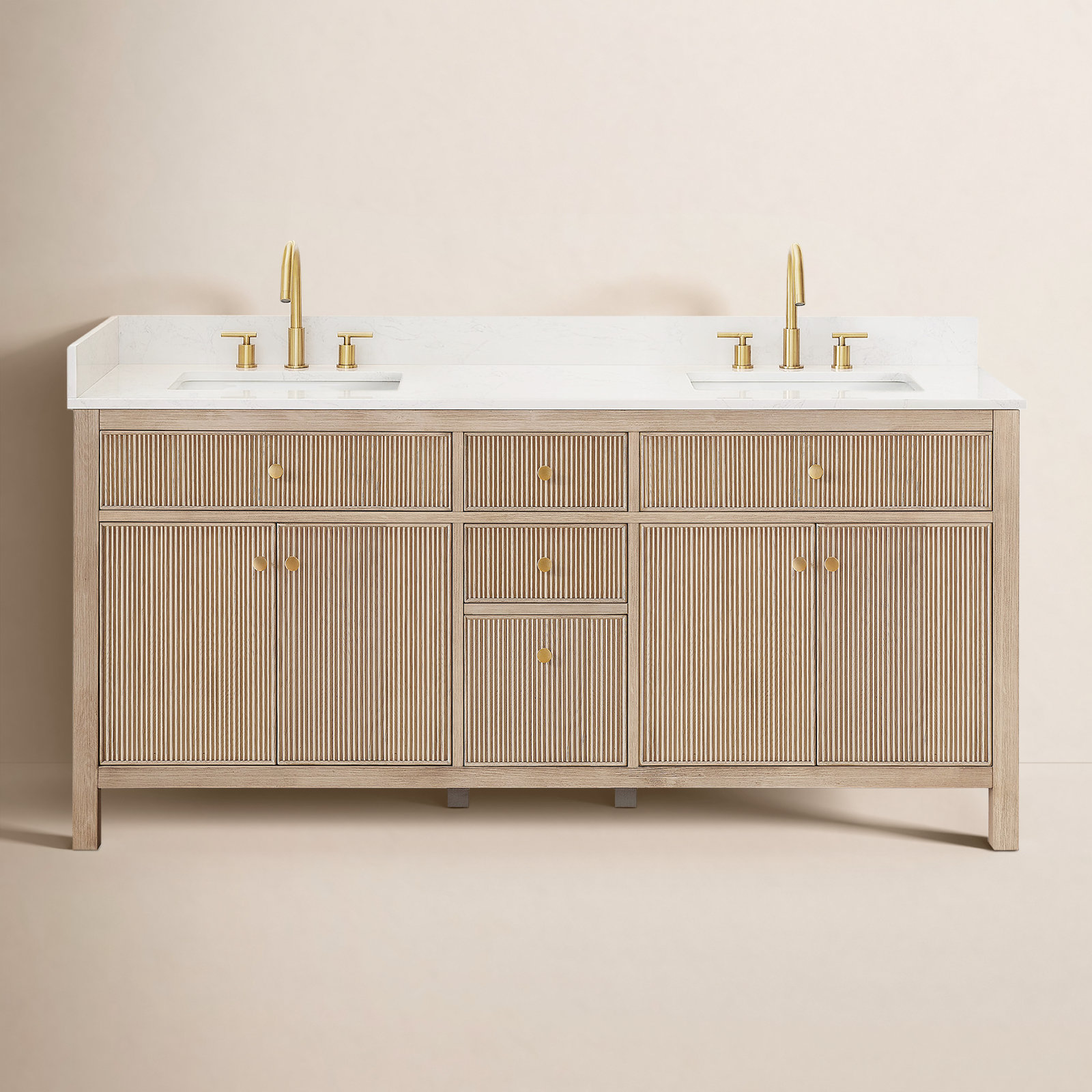 Lala 72" Double Bathroom Vanity with Grain White Engineered Stone Countertop without Mirror, Nature Oak