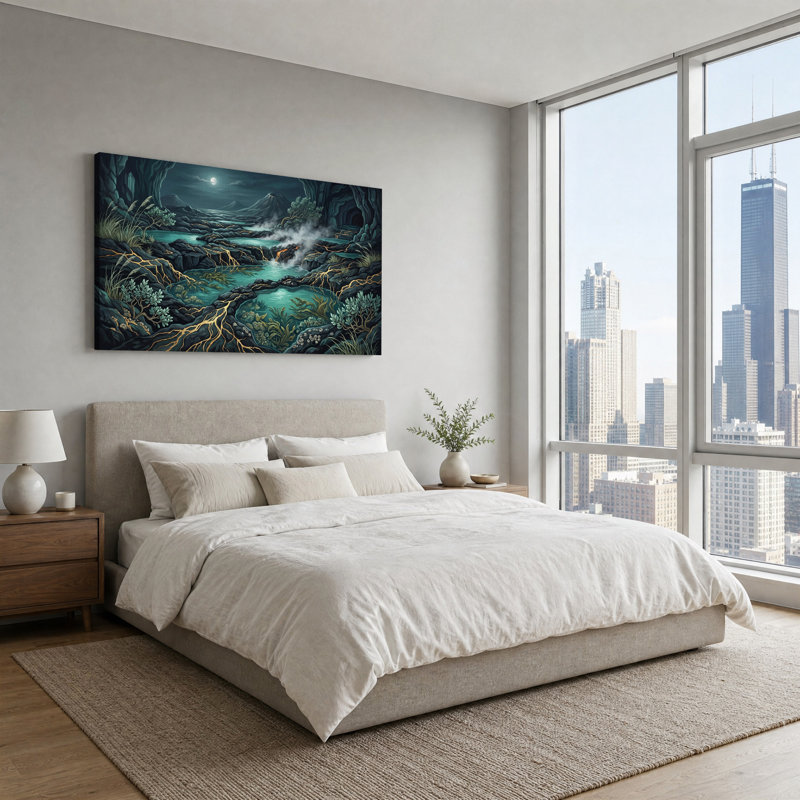 Tableau sur toile représentant un paysage volcanique au clair de lune avec des veines dorées scintillantes, 58“W x 28”H
