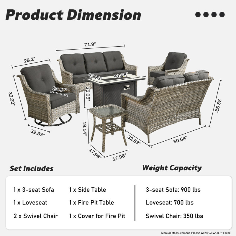 7 - Person Wicker Outdoor Conversation Set, Patio Sofa & Swivel Chair Set with Fire Pit and Cushions, Black