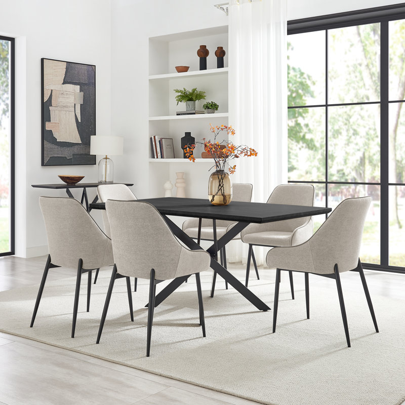 Aminata Veneer & Metal Round Dining Table With Ophelia Fabric Chairs - Modern Statement Design, Cream, 6