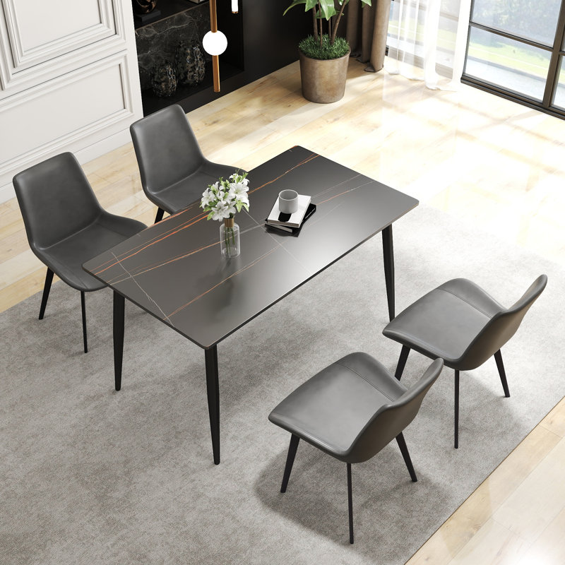  Juvan 5-Piece Modern Rectangular Sintered Stone Dining Table Set With 4 Faux Leather Chairs, Lauren Blackgold