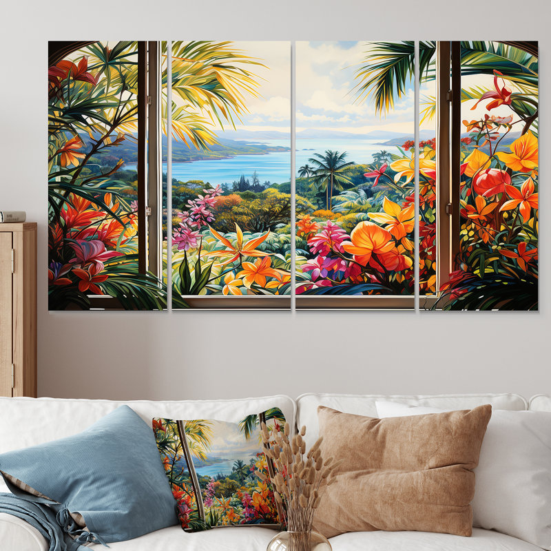 «Tropical Windows View Blooms IV - Coastal Windows», ensemble d'art mural 4 pièces, H 32 po x l 64 po