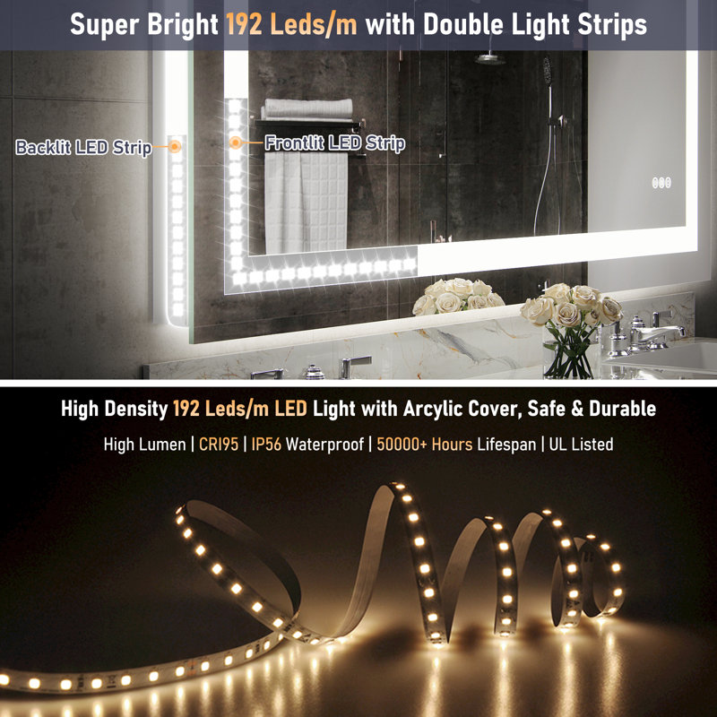 LED Bathroom Vanity Mirror with Dimmable 3-Color Temperature Backlit & Frontlit Anti-Fog Tempered Glass,Shatter-Proof,UL Listed