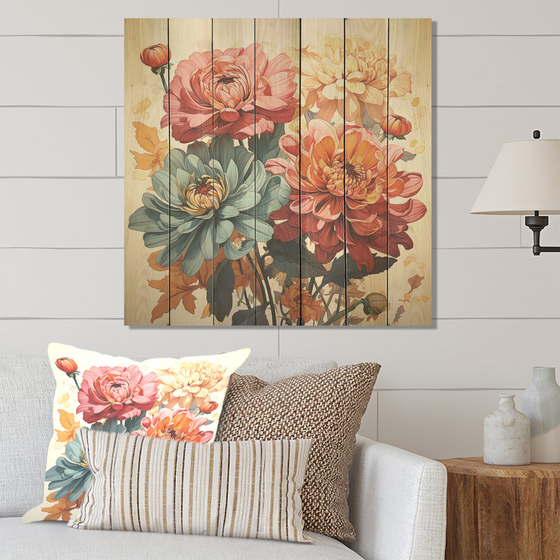 Illustration simple de Zinnia Bouquet III - Zinnias sur bois, H 15 po x l 15 po