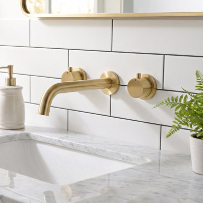 Modern Wall Mounted 2-handle Bathroom Sink Faucet in Brushed Gold, Solid Brass With Drain Assembly