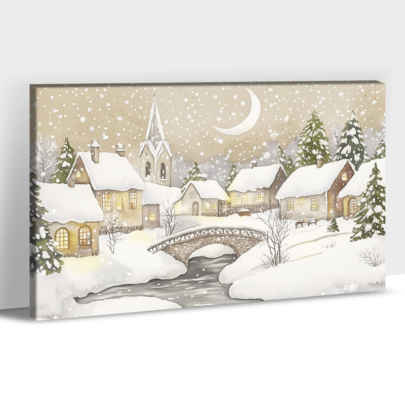 Art mural sur toile grand village enneigé de Noël, paysage d'hiver, impressions sur toile pour salon, arbre de pin rustique, pont, peinture d'art sur toile, impressions de vacances rétro, 28 po x 40 po