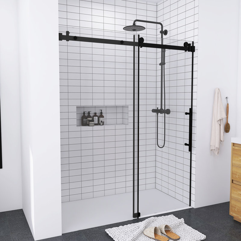 60'' W x 76'' H Single Sliding Door Frameless Shower Door, Black