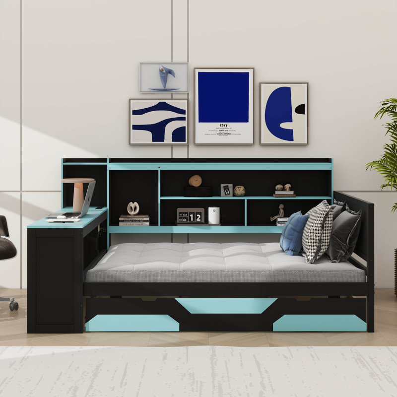 Lit de jour moderne axé sur le jeu avec bureau intégré et éclairage, cadre de lit en bois à 3 sections avec bibliothèque